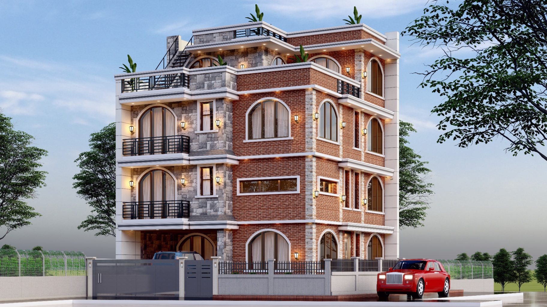 Residential render — arched brick facade