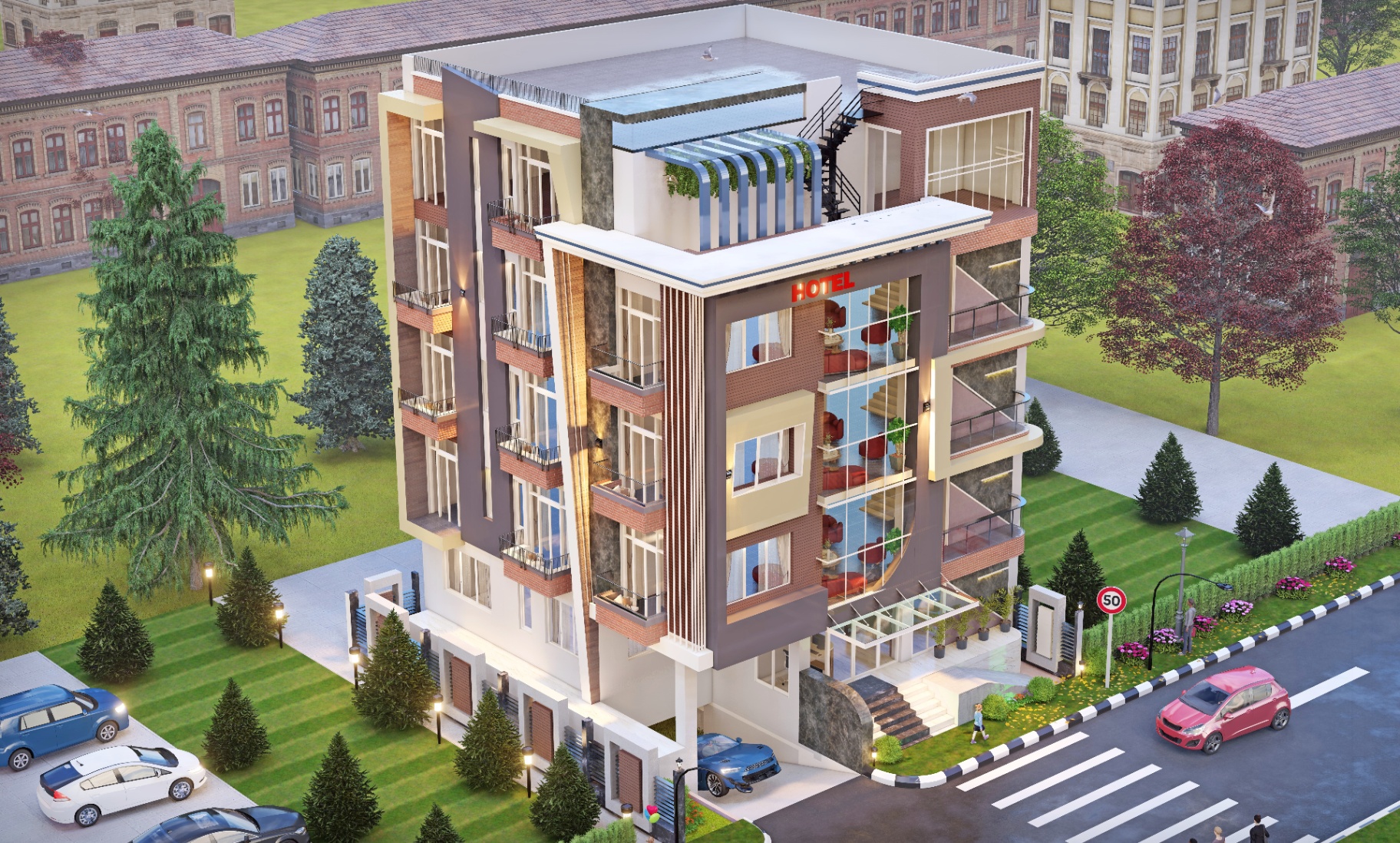 Boutique hotel — aerial perspective